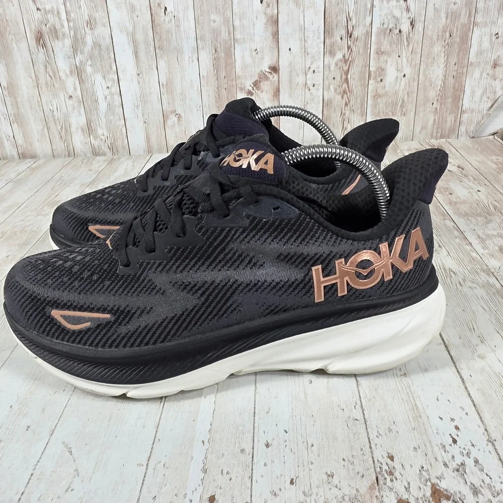 Hoka Clifton 9 Womens 9.5B Black Rose Gold Running Shoes 1127896-BRGL Sneaker